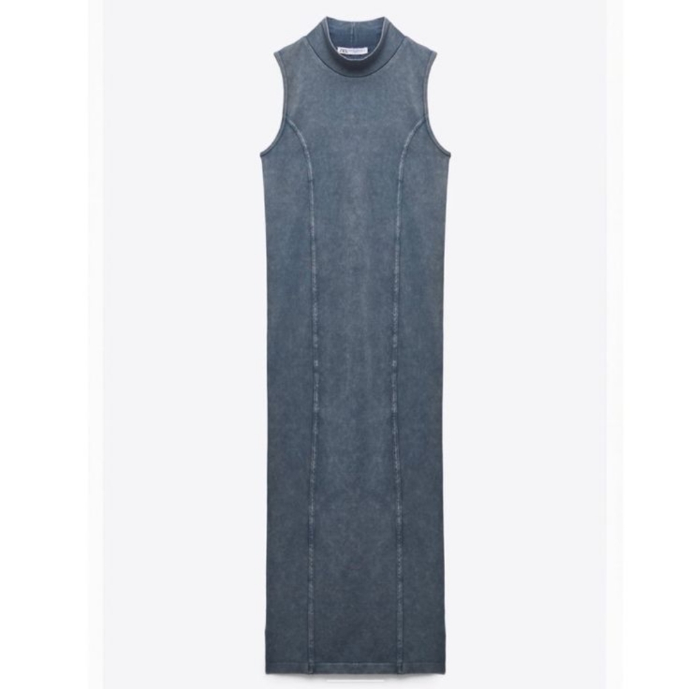 zara sleeveless‎ denim-look maxi dress size xs gray blue bod